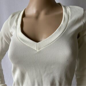 Cream Ribbed V-Neck Long Sleeve Top
